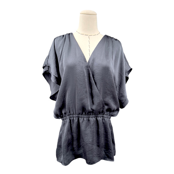 Violet & Claire Grey Wrap‎ Top Elastic Waist Flutter Sleeve Womens Large - Picture 1 of 11
